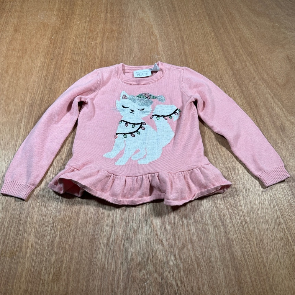 The Childrens Place Sweater Toddler 4T Pink Cat Sequin Holiday Peplum Ruffle